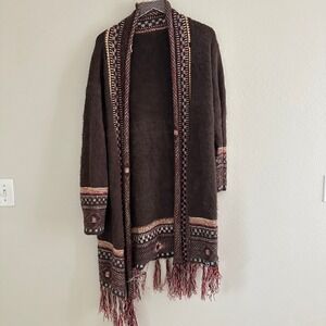 Longline Fringe‎ Cardigan Women Size S/M Brown Boho Geometric Fuzzy Knit